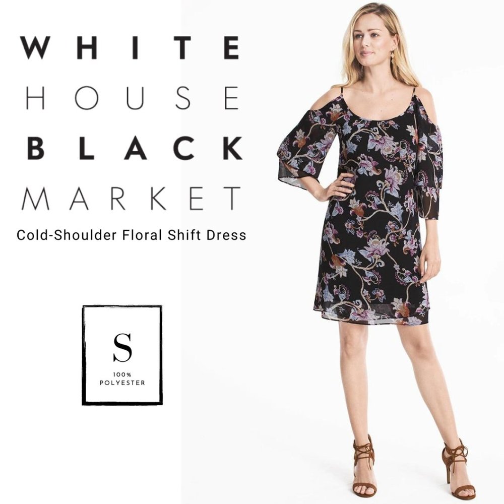 WHBM Black Floral Cold Shoulder Shift Dress Beaded Strap S